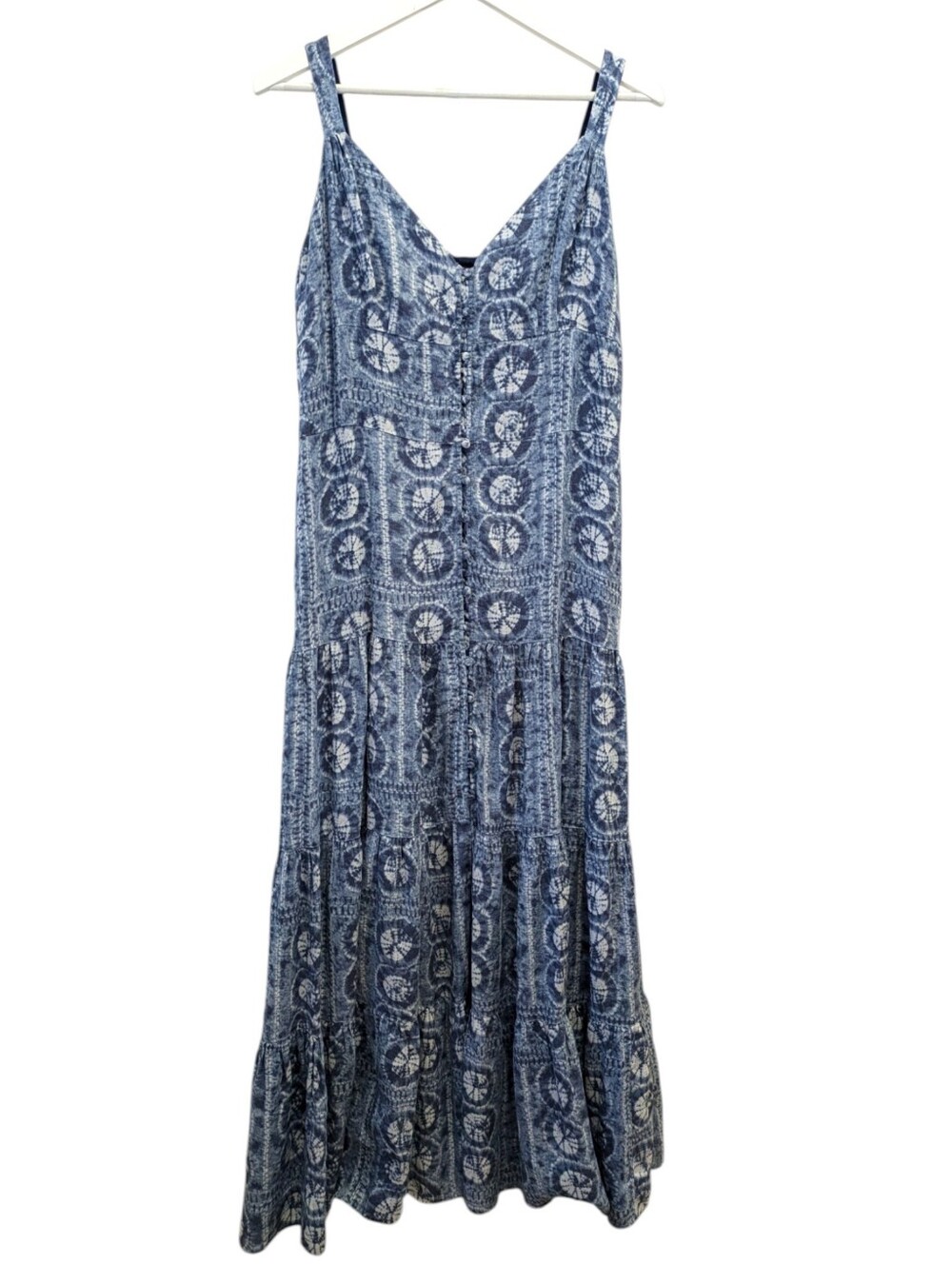 Lauren Ralph Lauren Black Label Linen Tiered Maxi Dress 14 Blue White Geometric